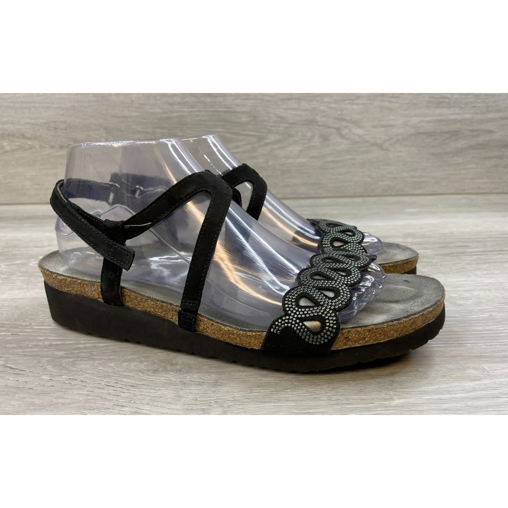 Naot Women's Sandal Black Leather 10 Rhinestone Strappy Slingback Wedge Shoes